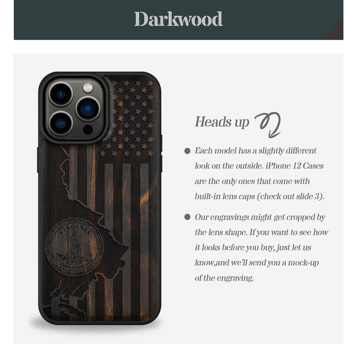 Virginia and Star Flag, Classic Engraved Wood & TPU Case - Artisanal Cover for Apple iPhone