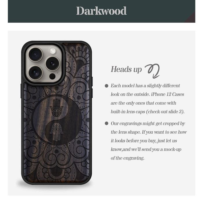 The Hamsa Yin-Yang Mandala, Classic Engraved Wood & TPU Case - Artisanal Cover for Apple iPhone