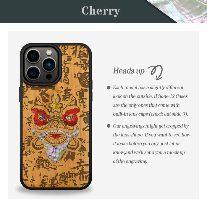 Chinese Lion, Hand-Inlaid Wood & Mother of Pearl Case - Artisanal Cover for Apple iPhone