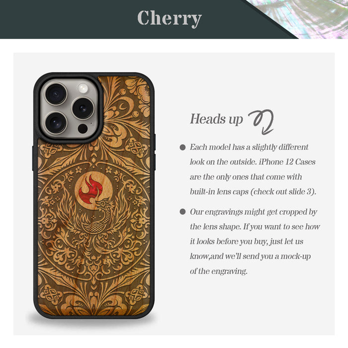 Phoenix in Symmetry, Hand-Inlaid Wood & Mother of Pearl Case - Artisanal Cover for Apple iPhone