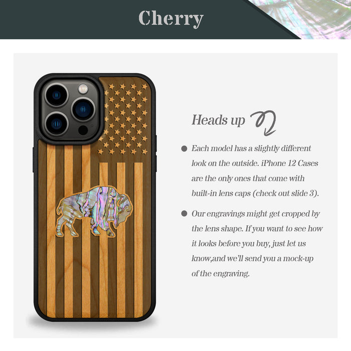 American Flag, Bison, Hand-Inlaid Wood & Mother of Pearl Case - Artisanal Cover for Apple iPhone