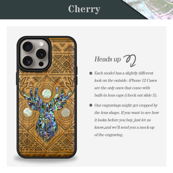 Aztec Geometric Deer, Hand-Inlaid Wood & Mother of Pearl Case - Artisanal Cover for Apple iPhone