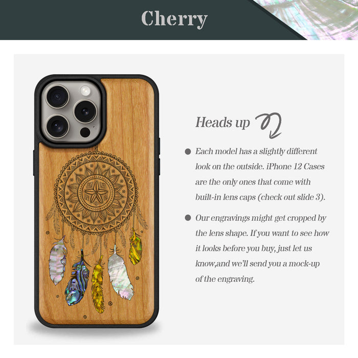 Dreamcatcher's Embrace, Hand-Inlaid Wood & Mother of Pearl Case - Artisanal Cover for Apple iPhone