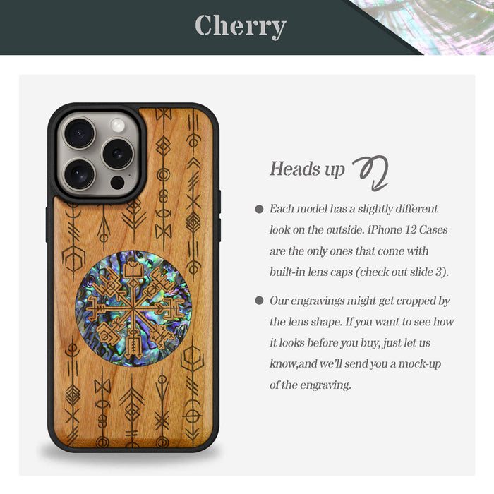 Echoes of Viking Lore, Hand-Inlaid Wood & Mother of Pearl Case - Artisanal Cover for Apple iPhone