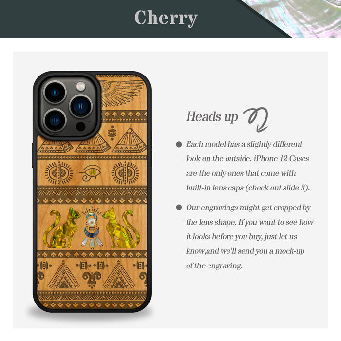 The Symbols of Egypt, Hand-Inlaid Wood & Mother of Pearl Case - Artisanal Cover for Apple iPhone