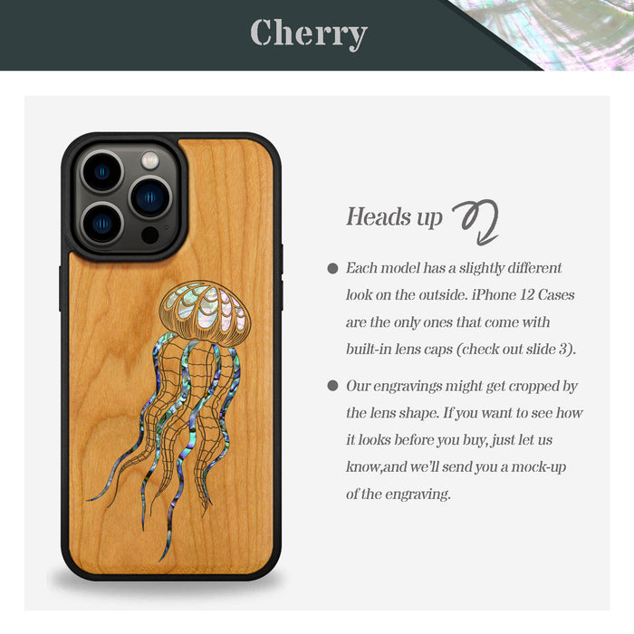 Zentangle Art Jellyfish, Hand-Inlaid Wood & Mother of Pearl Case - Artisanal Cover for Apple iPhone