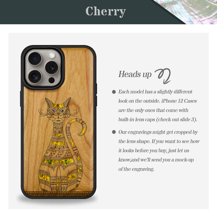 Tribal Cat Art, Hand-Inlaid Wood & Mother of Pearl Case - Artisanal Cover for Apple iPhone