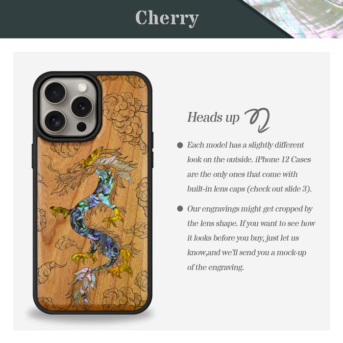 The Dragon's Ascen, Hand-Inlaid Wood & Mother of Pearl Case - Artisanal Cover for Apple iPhone