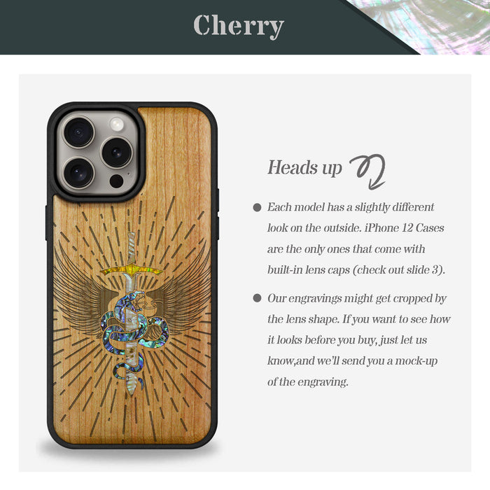 Serpent Winged Sword, Hand-Inlaid Wood & Mother of Pearl Case - Artisanal Cover for Apple iPhone