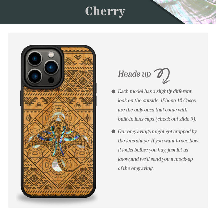 The Tribal Manta Ray, Hand-Inlaid Wood & Mother of Pearl Case - Artisanal Cover for Apple iPhone