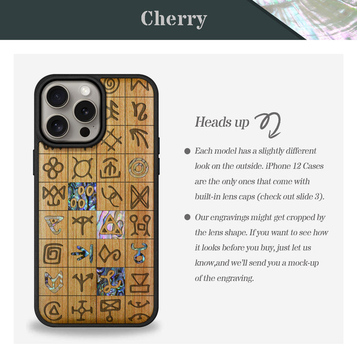 Mystical Runes, Hand-Inlaid Wood & Mother of Pearl Case - Artisanal Cover for Apple iPhone