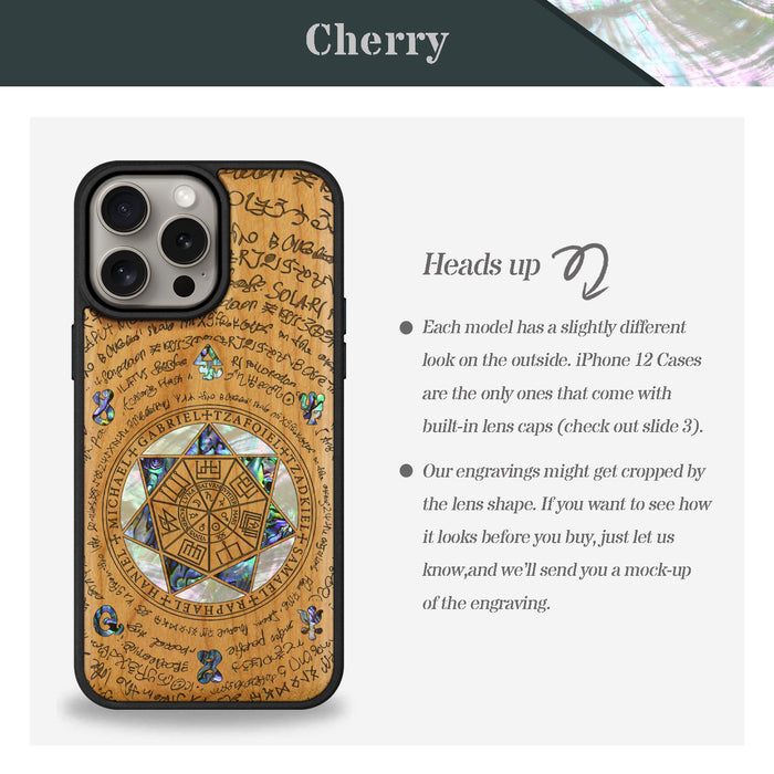 The Sacred Seals, Hand-Inlaid Wood & Mother of Pearl Case - Artisanal Cover for Apple iPhone