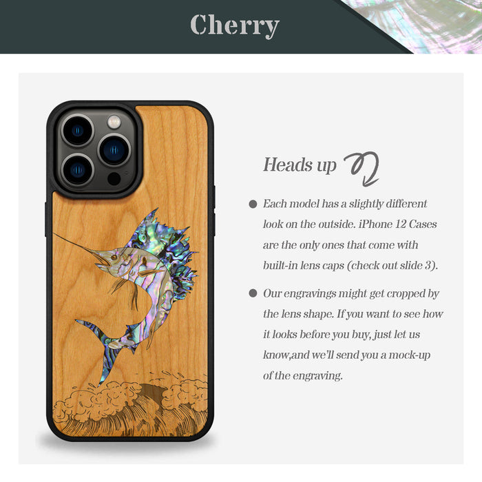 The Soaring Marlin, Hand-Inlaid Wood & Mother of Pearl Case - Artisanal Cover for Apple iPhone