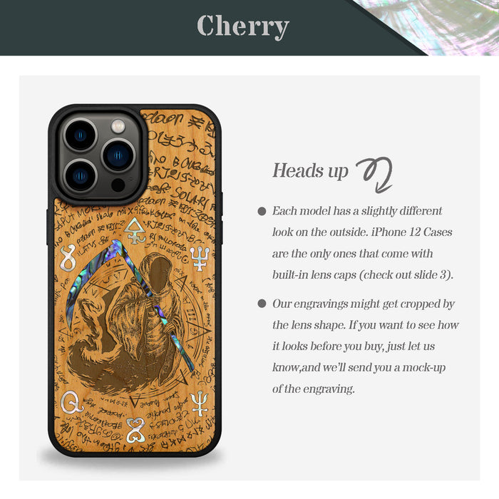 The Reaper's Scythe, Hand-Inlaid Wood & Mother of Pearl Case - Artisanal Cover for Apple iPhone