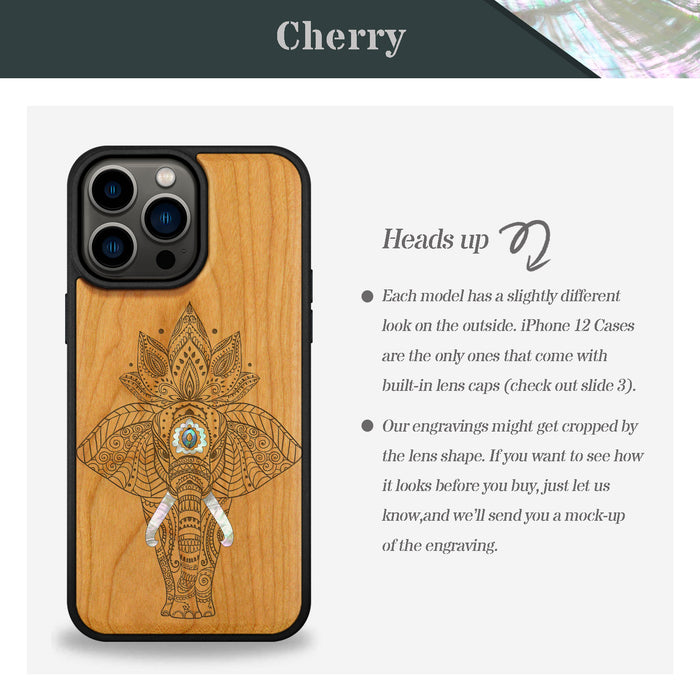 African Elephant in Linework Art, Hand-Inlaid Wood & Mother of Pearl Case - Artisanal Cover for Apple iPhone