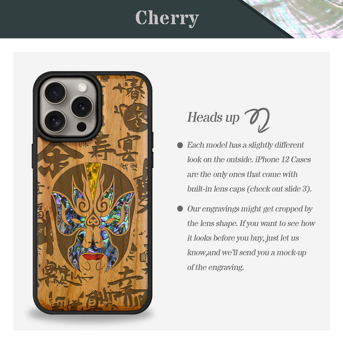 The Chinese Opera Mask, Hand-Inlaid Wood & Mother of Pearl Case - Artisanal Cover for Apple iPhone