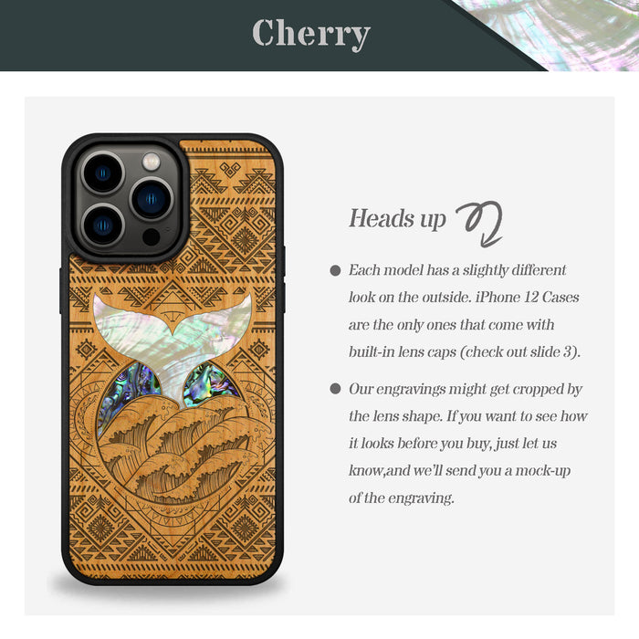 The Whale's Song Amidst Aztec Waves, Hand-Inlaid Wood & Mother of Pearl Case - Artisanal Cover for Apple iPhone