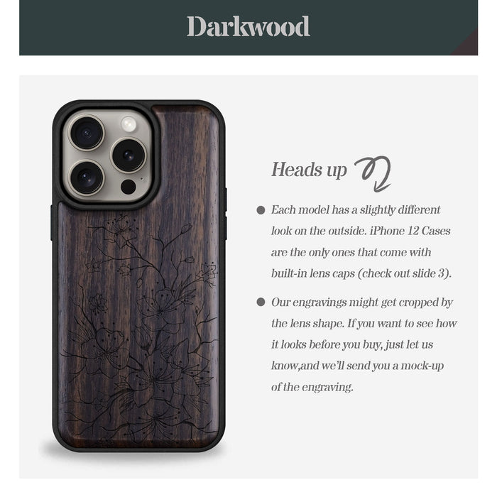 Sakura Sketch, Classic Engraved Wood & TPU Case - Artisanal Cover for Apple iPhone