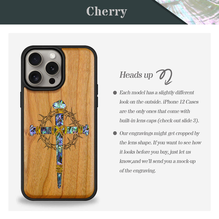 Crucifix Nails, Hand-Inlaid Wood & Mother of Pearl Case - Artisanal Cover for Apple iPhone