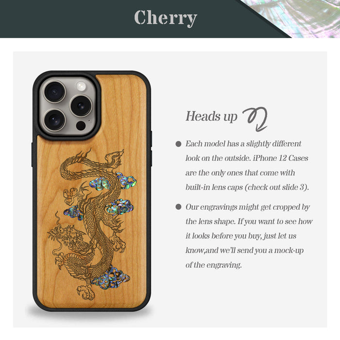 Majestic Chinese Dragon, Hand-Inlaid Wood & Mother of Pearl Case - Artisanal Cover for Apple iPhone