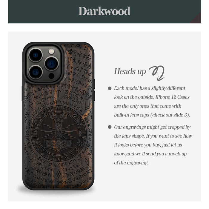 Mjölnir and the Runes, Classic Engraved Wood & TPU Case - Artisanal Cover for Apple iPhone