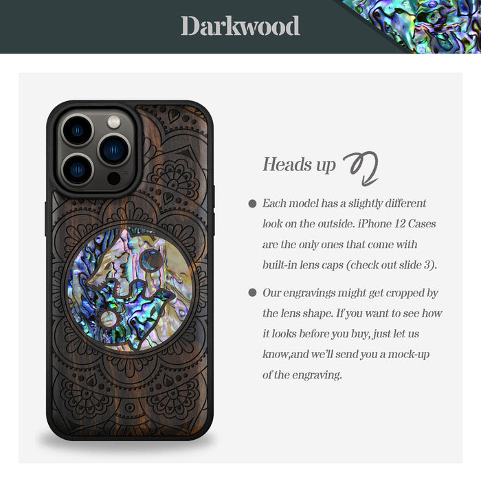 Yin-Yang Wolves Amidst Paisley, Hand-Inlaid Wood & Mother of Pearl Case - Artisanal Cover for Apple iPhone