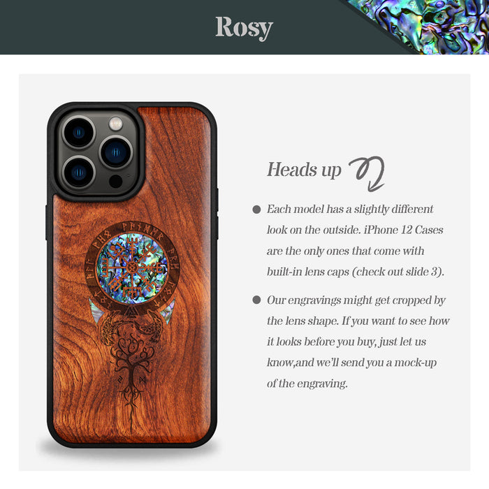 Dragon-Inspired Shield with Aegishjalmur, Hand-Inlaid Wood & Mother of Pearl Case - Artisanal Cover for Apple iPhone