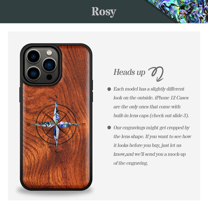 Shell Compass, Hand-Inlaid Wood & Mother of Pearl Case - Artisanal Cover for Apple iPhone