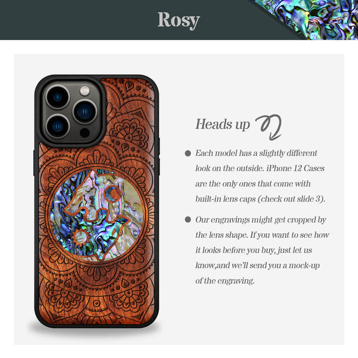 Yin-Yang Wolves Amidst Paisley, Hand-Inlaid Wood & Mother of Pearl Case - Artisanal Cover for Apple iPhone