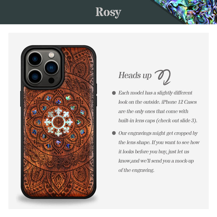 Mandala Floral, Hand-Inlaid Wood & Mother of Pearl Case - Artisanal Cover for Apple iPhone