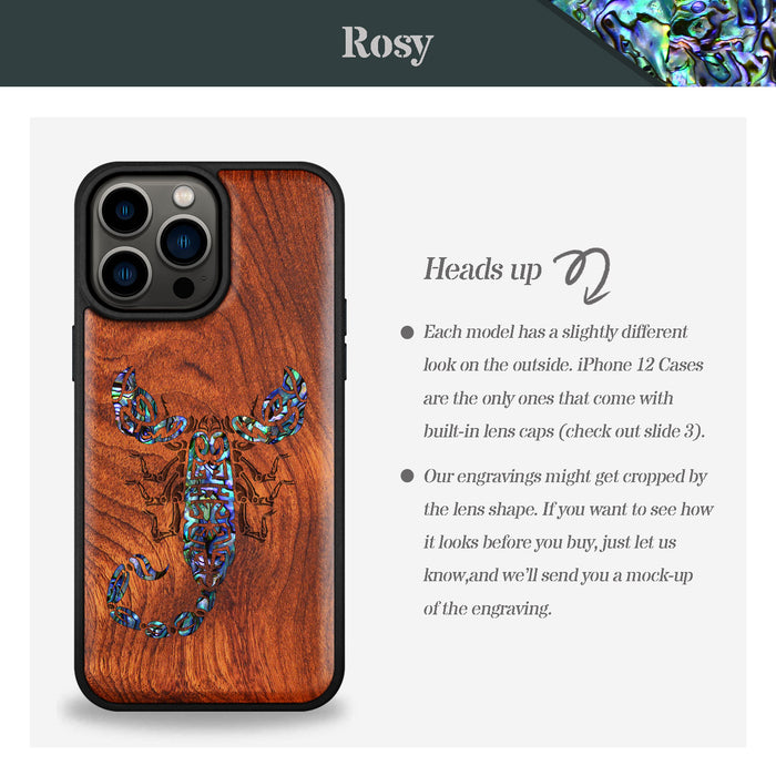 The Tribal Scorpion, Hand-Inlaid Wood & Mother of Pearl Case - Artisanal Cover for Apple iPhone