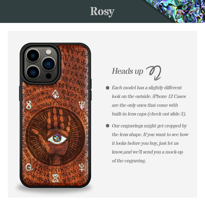 All-Seeing Hand, Hand-Inlaid Wood & Mother of Pearl Case - Artisanal Cover for Apple iPhone