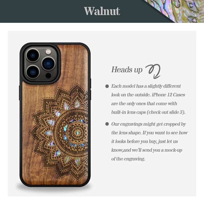 The Half Mandala Lace Art, Hand-Inlaid Wood & Mother of Pearl Case - Artisanal Cover for Apple iPhone