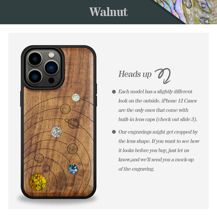 A Minimalist Line Work of Nine Planets, Hand-Inlaid Wood & Mother of Pearl Case - Artisanal Cover for Apple iPhone