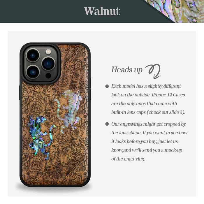 Tiger Amidst Flowers, Hand-Inlaid Wood & Mother of Pearl Case - Artisanal Cover for Apple iPhone