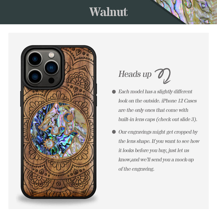 Yin-Yang Wolves Amidst Paisley, Hand-Inlaid Wood & Mother of Pearl Case - Artisanal Cover for Apple iPhone