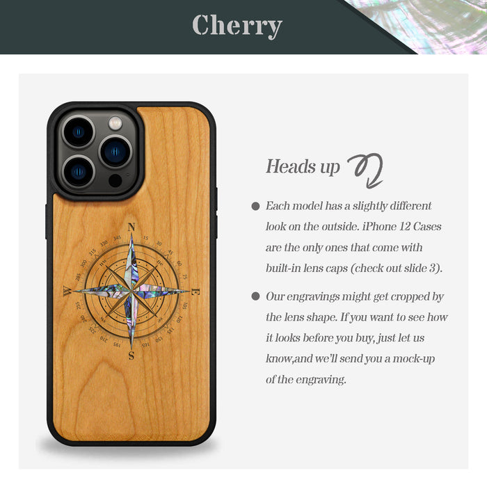 Shell Compass, Hand-Inlaid Wood & Mother of Pearl Case - Artisanal Cover for Apple iPhone