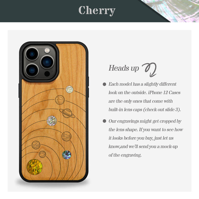 A Minimalist Line Work of Nine Planets, Hand-Inlaid Wood & Mother of Pearl Case - Artisanal Cover for Apple iPhone