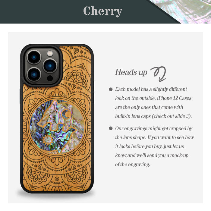 Yin-Yang Wolves Amidst Paisley, Hand-Inlaid Wood & Mother of Pearl Case - Artisanal Cover for Apple iPhone