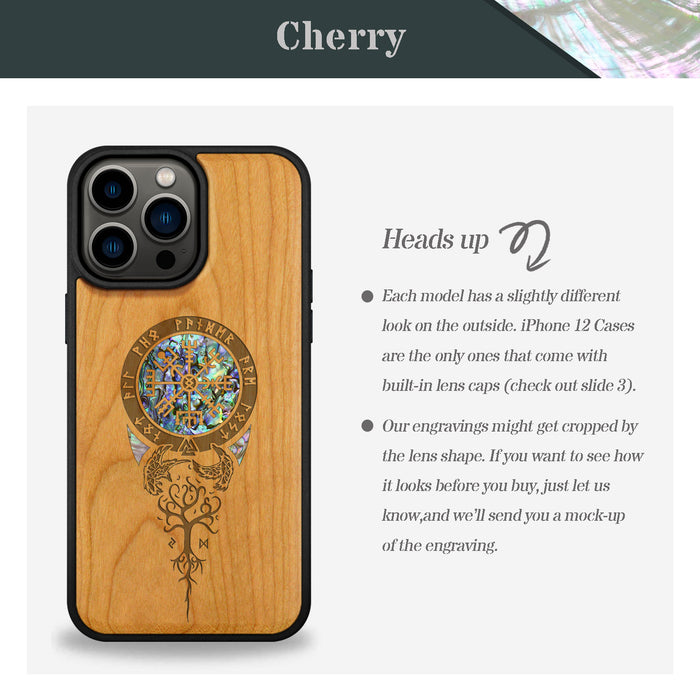 Dragon-Inspired Shield with Aegishjalmur, Hand-Inlaid Wood & Mother of Pearl Case - Artisanal Cover for Apple iPhone