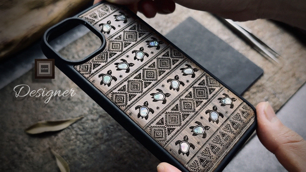 The Aztec Sea Turtle, Hand-Inlaid Wood & Mother of Pearl Case - Artisanal Cover for Apple iPhone