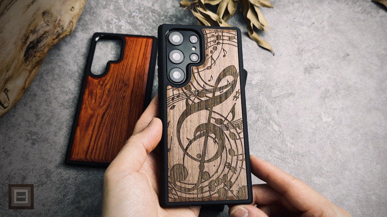 The Grand Clef and Musical Notes, Classic Engraved Wood & TPU Case - Artisanal Cover for Samsung Galaxy