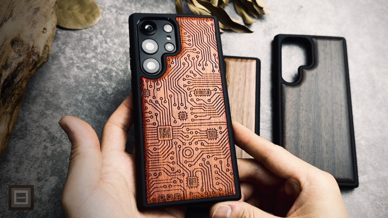 Abstract Motherboard Linework Art, Classic Engraved Wood & TPU Case - Artisanal Cover for Samsung Galaxy