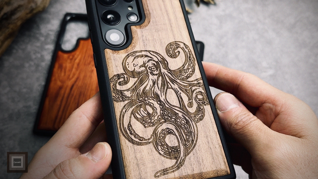 Bodybuilding Octopus Illustration, Classic Engraved Wood & TPU Case - Artisanal Cover for Samsung Galaxy