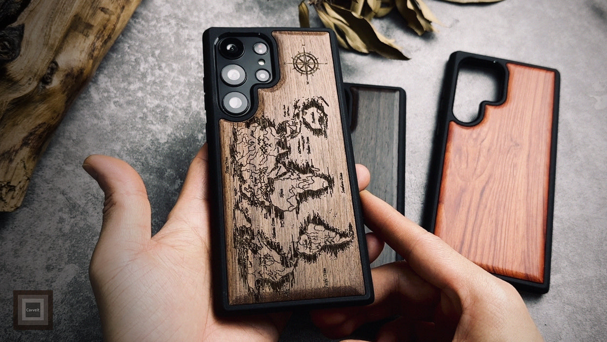 Abstract Expressionist World Map Linework, Classic Engraved Wood & TPU Case - Artisanal Cover for Samsung Galaxy