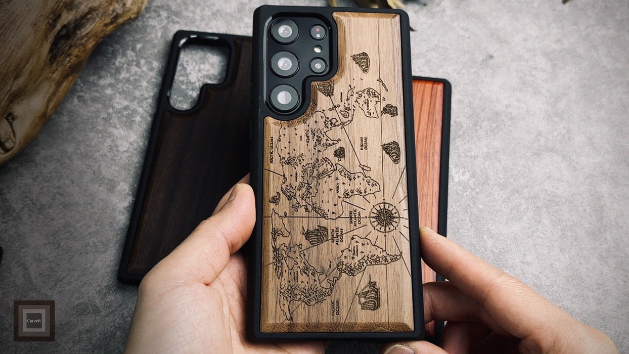 Physical World Map, Classic Engraved Wood & TPU Case - Artisanal Cover for Samsung Galaxy