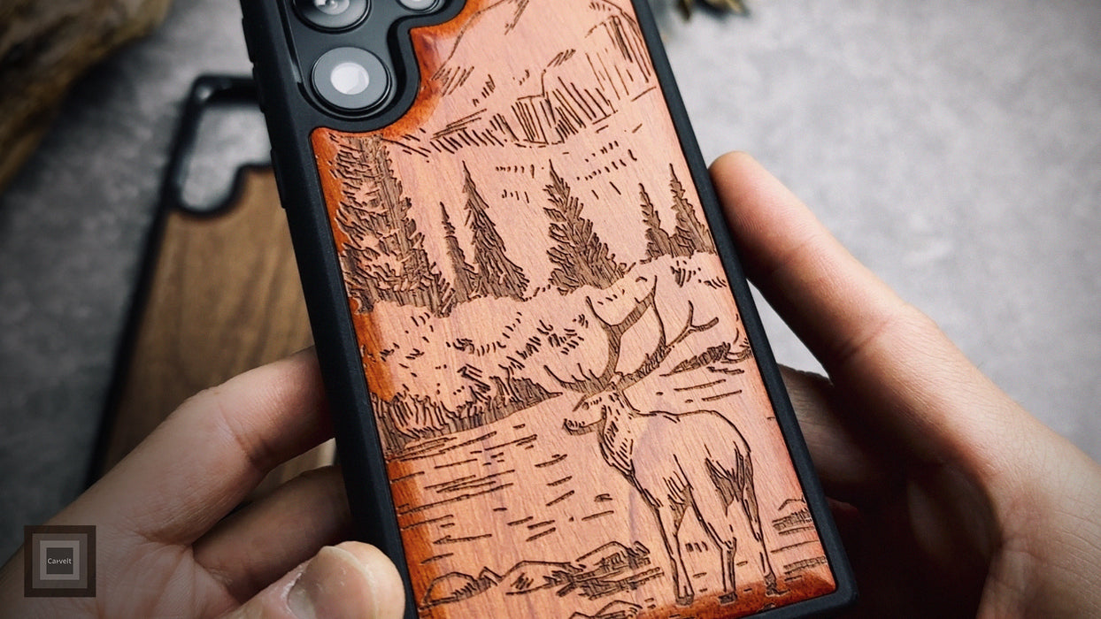 An Enthralling Natural Landscape Illustration, Classic Engraved Wood & TPU Case - Artisanal Cover for Samsung Galaxy