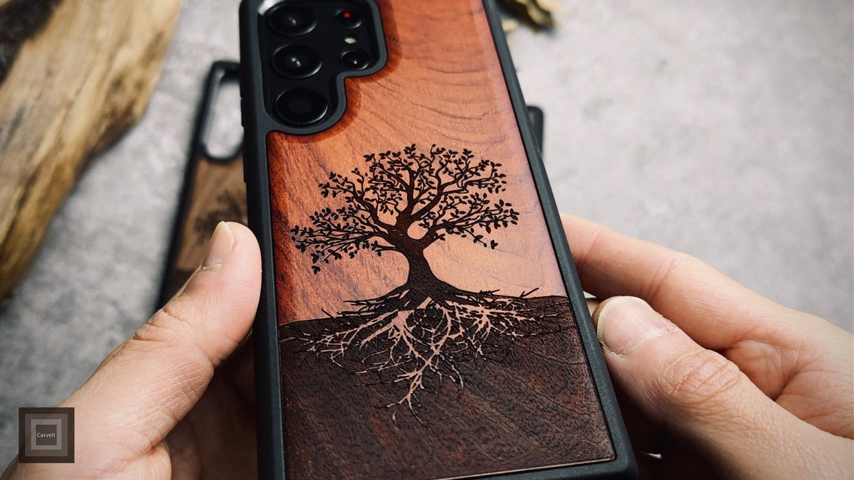 The Yin Yang Tree, Classic Engraved Wood & TPU Case - Artisanal Cover for Samsung Galaxy