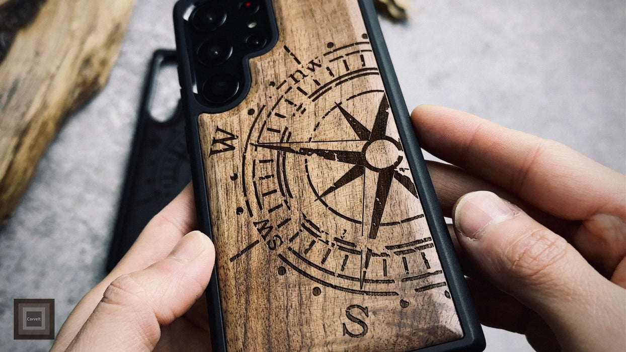 The Incomplete Compass, Classic Engraved Wood & TPU Case - Artisanal Cover for Samsung Galaxy