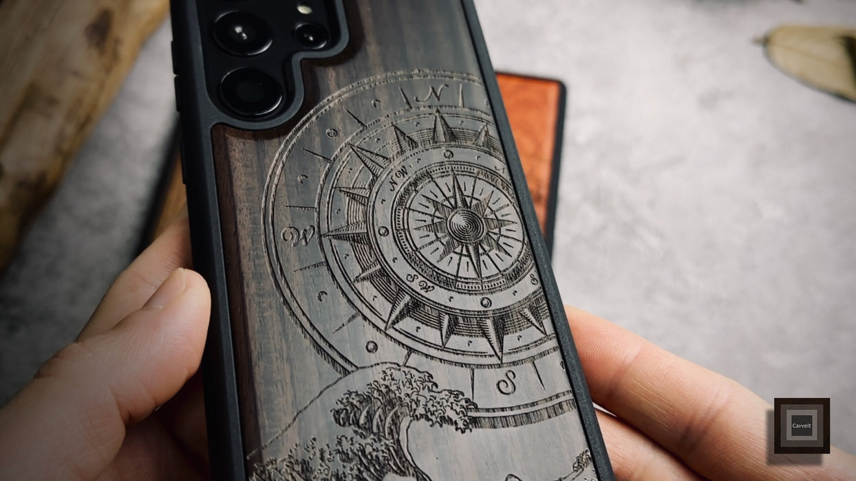 The Compass and the Wave, Classic Engraved Wood & TPU Case - Artisanal Cover for Samsung Galaxy